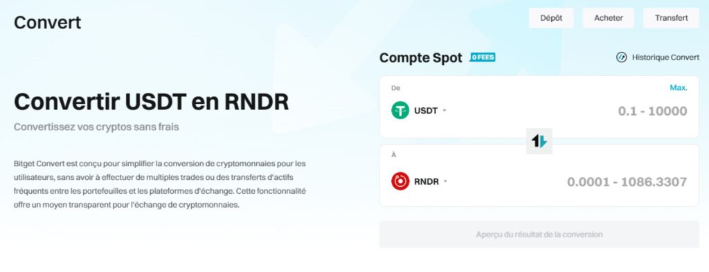 Screenshot plateforme Bitget achat de RNDR