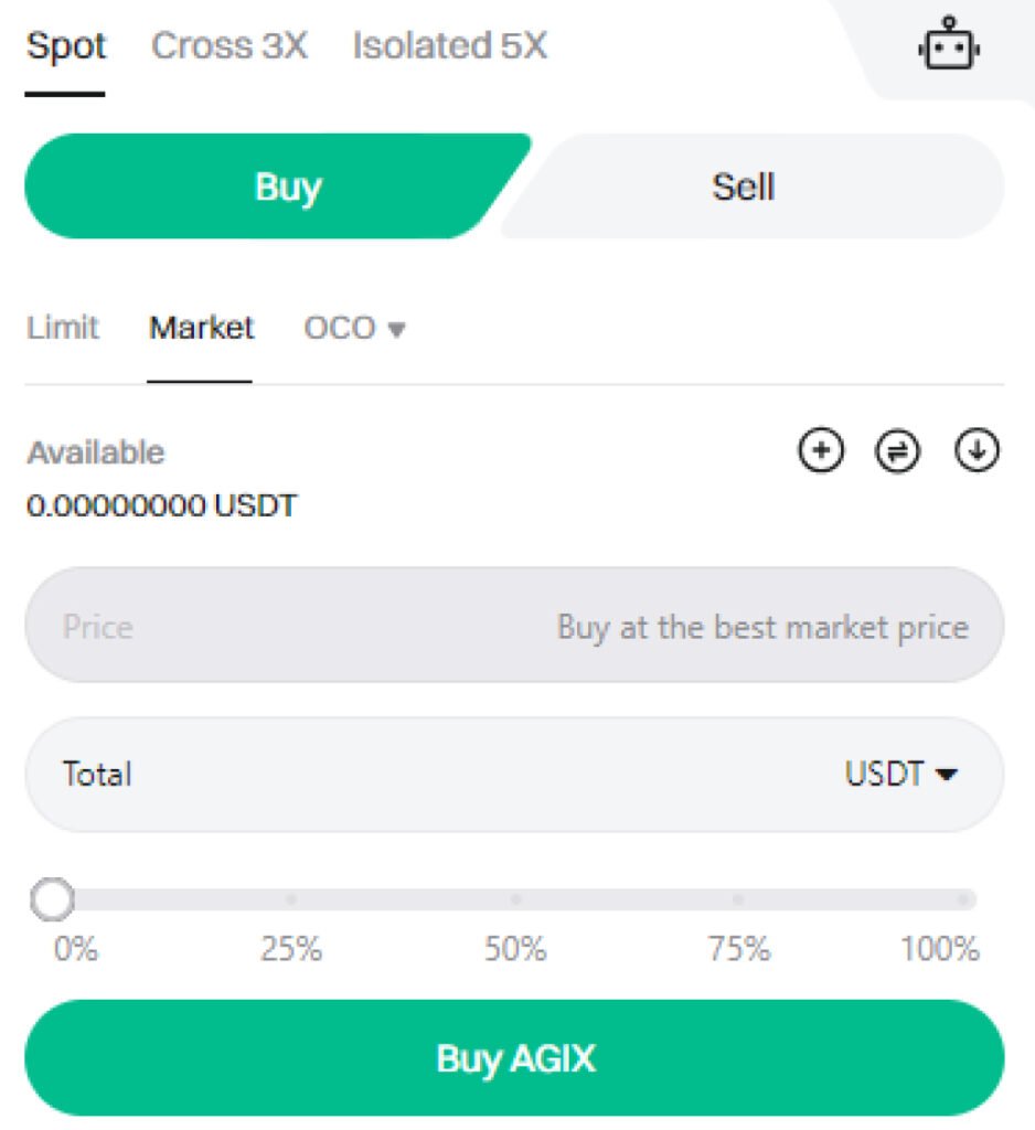 Screenshot de l'interface spot de Bitget pour acheter du AGIX