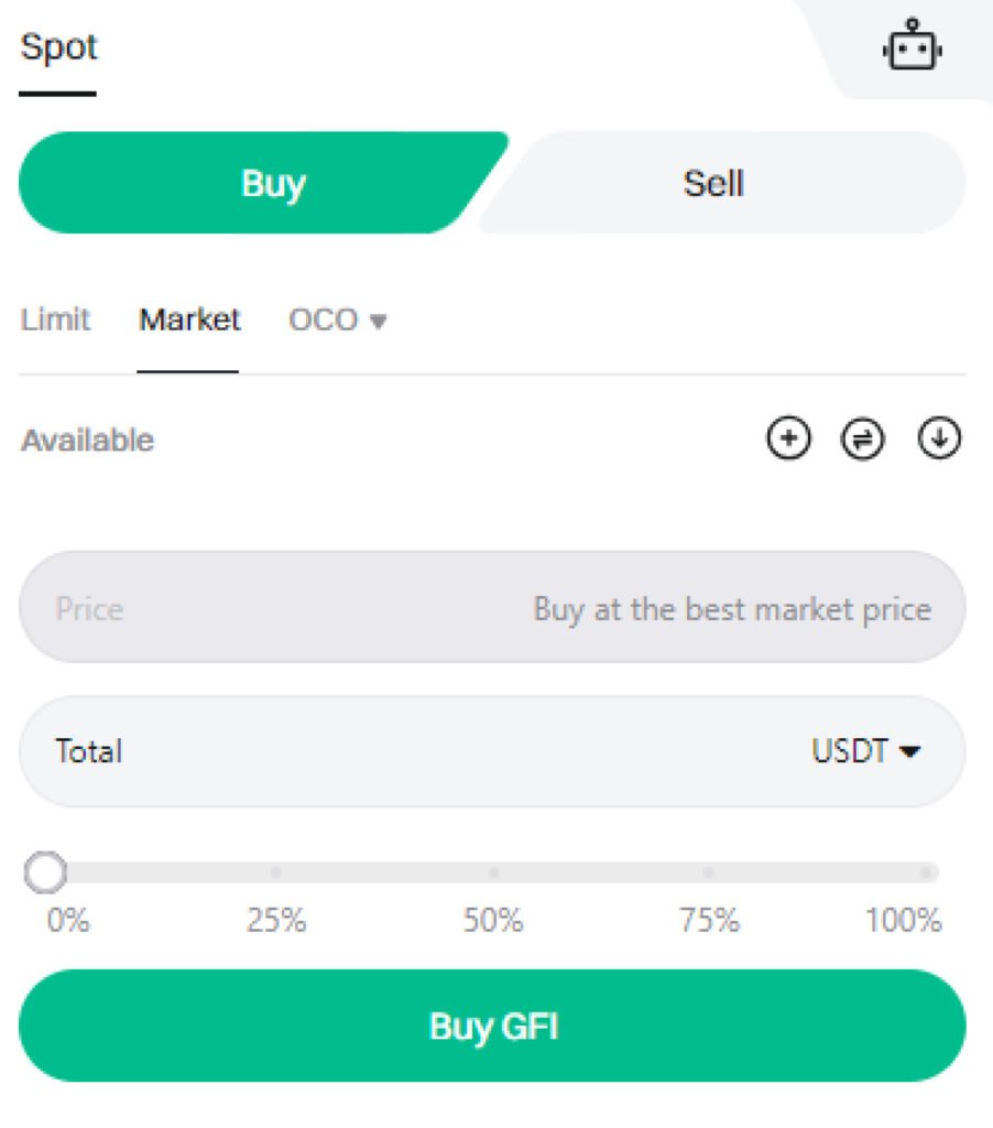 Screenshot de l'interface de Bitget Spot pour acheter du GFI