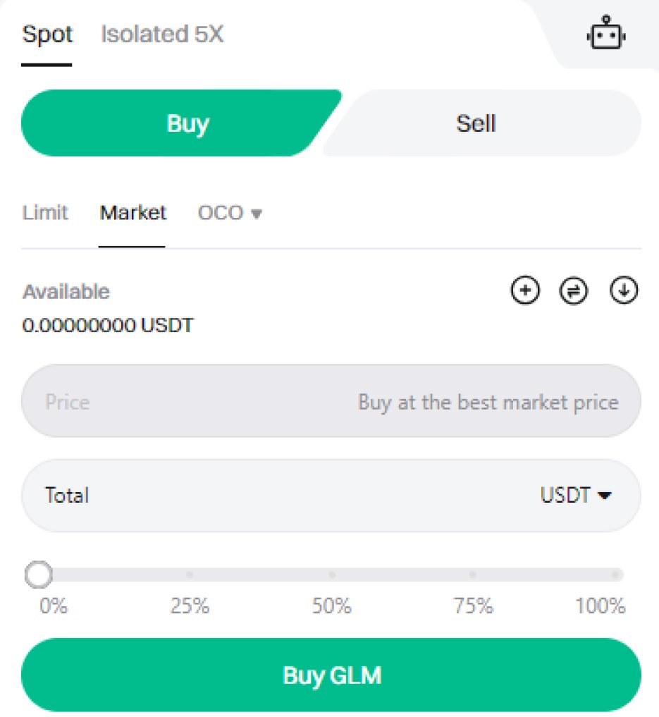 Screenshot interface spot de Bitget pour acheter du GLM