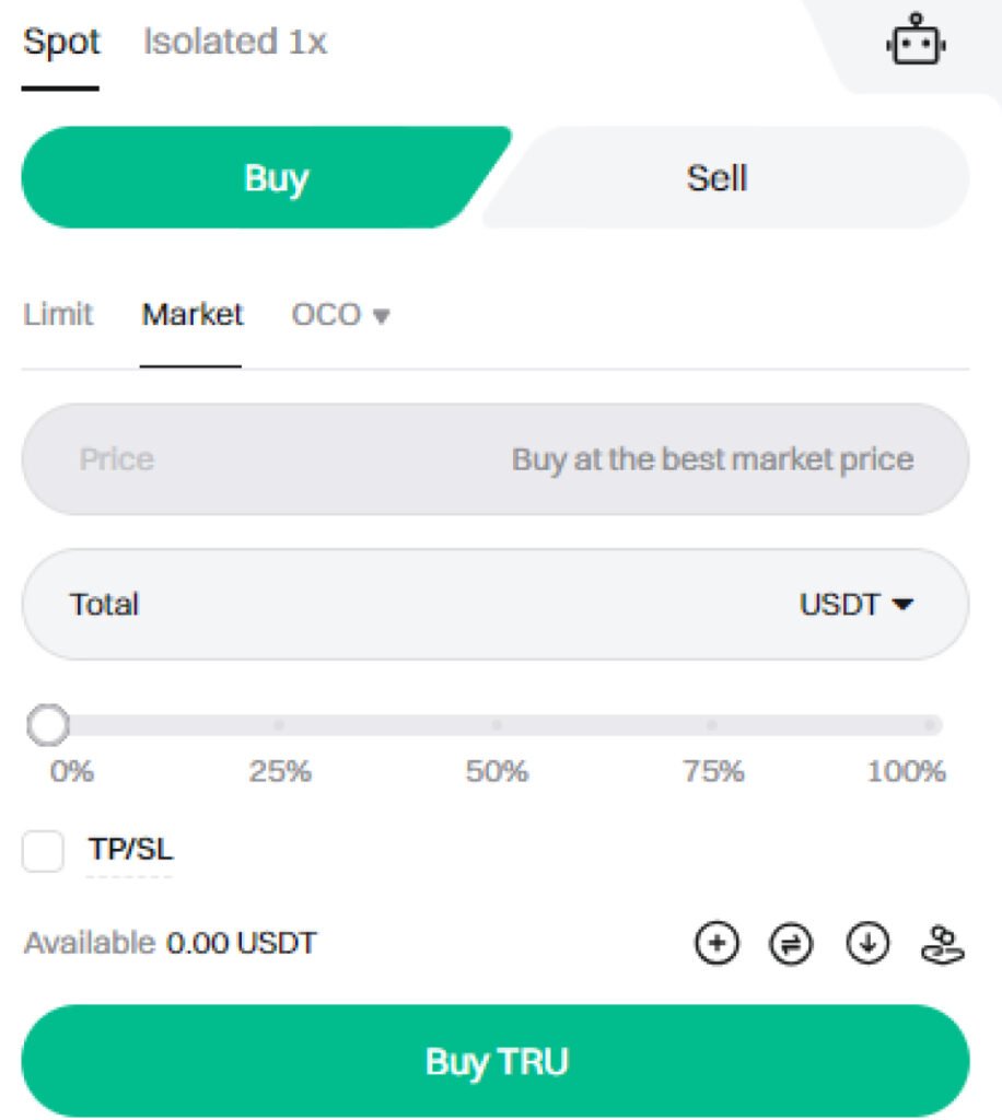 Screenshot de l'interface spot de Bitget pour acheter un TRU